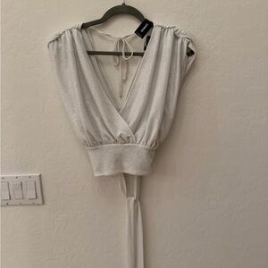 Express Silver Metallic Wrap Top with Tie Back – Size L – NWT